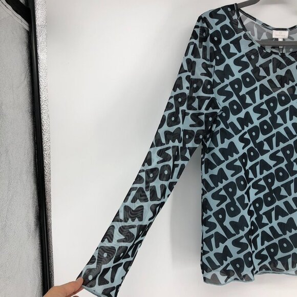 NWT Sportalm Blue Black Mesh Repeating Logo Long  Sleeve Sheer top size 10 - Picture 10 of 15